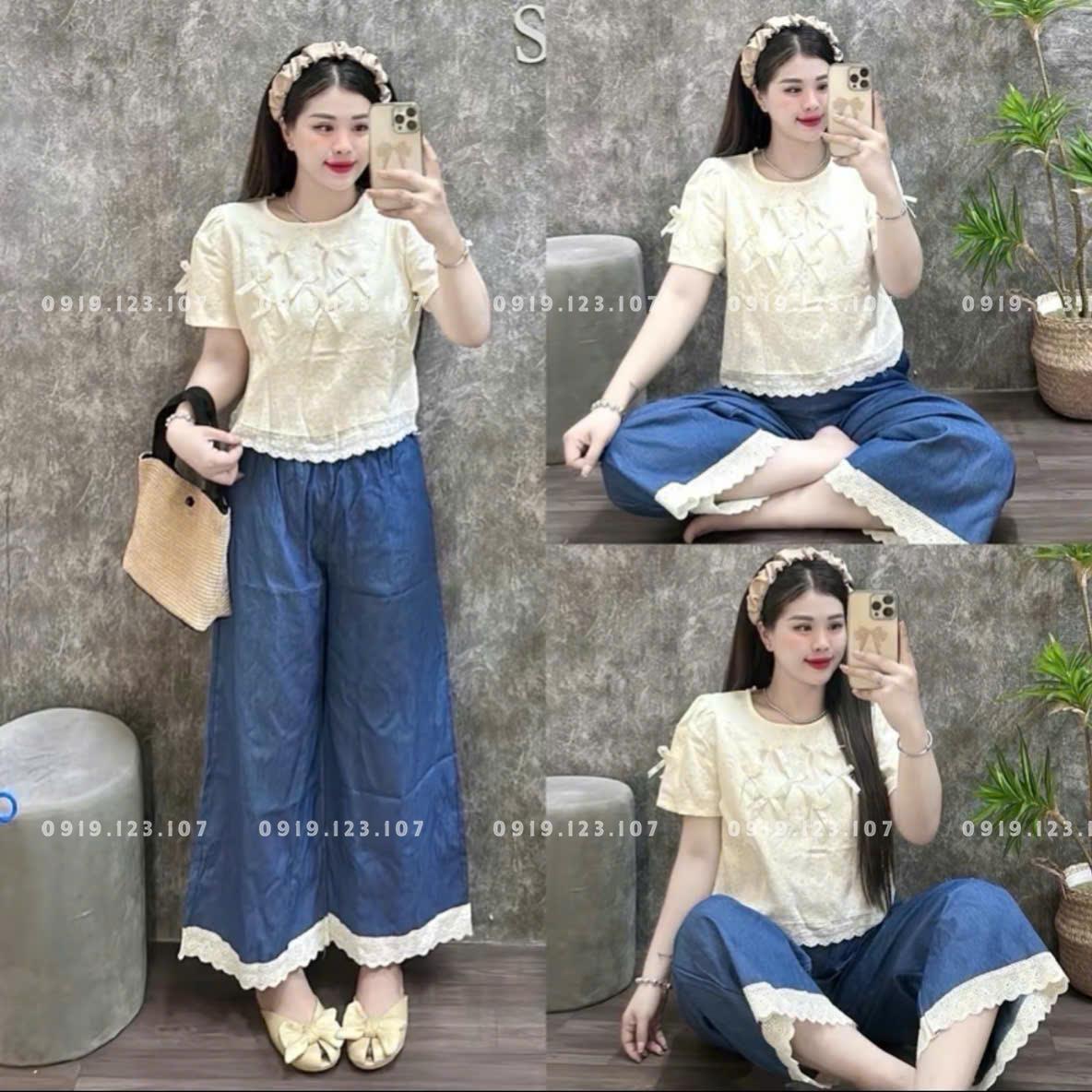 Bộ áo ren - quần jean dài 120k Sỉ Ri 10bộ đủ màu - Sỉ sl 50b giảm 2k/1b - HL012SBT768