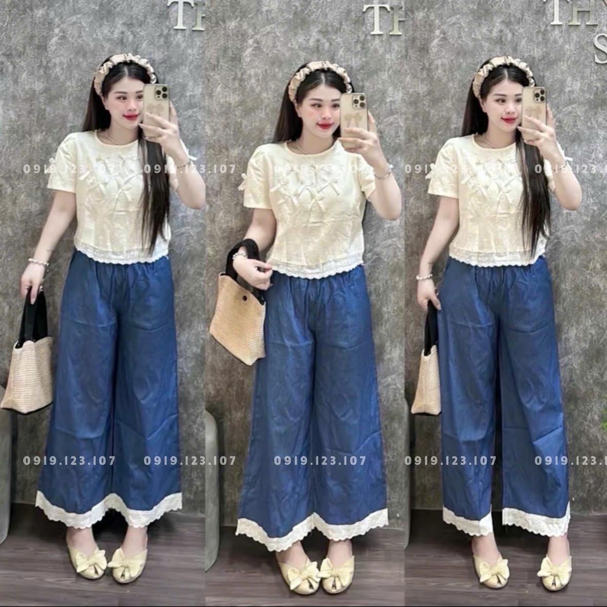 Bộ áo ren - quần jean dài 120k Sỉ Ri 10bộ đủ màu - Sỉ sl 50b giảm 2k/1b - HL012SBT768