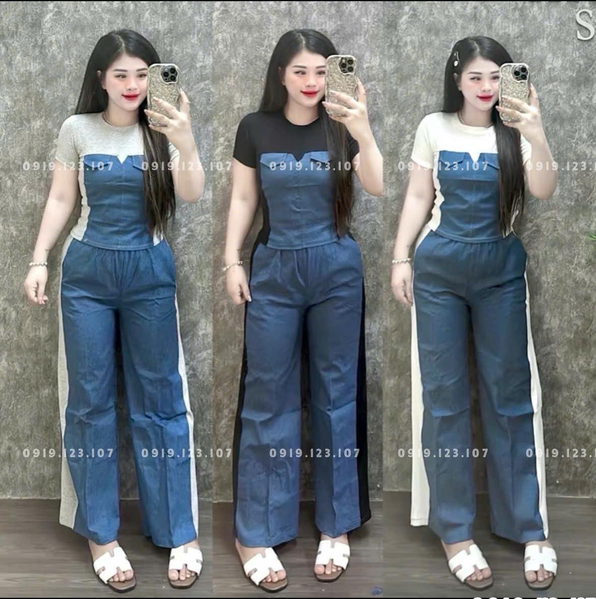 Set jean phối 115k Sỉ Ri 10bộ đủ màu - Sỉ sl 50b giảm 2k/1b