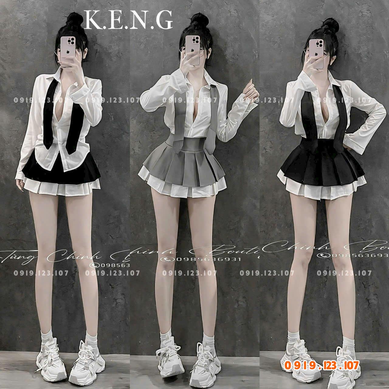Set sơ mi  tay dài chân váy xếp ly nơ to chuẩn mẫu - SBT760