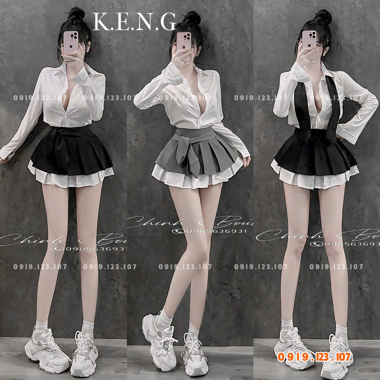Set sơ mi  tay dài chân váy xếp ly nơ to chuẩn mẫu - SBT760