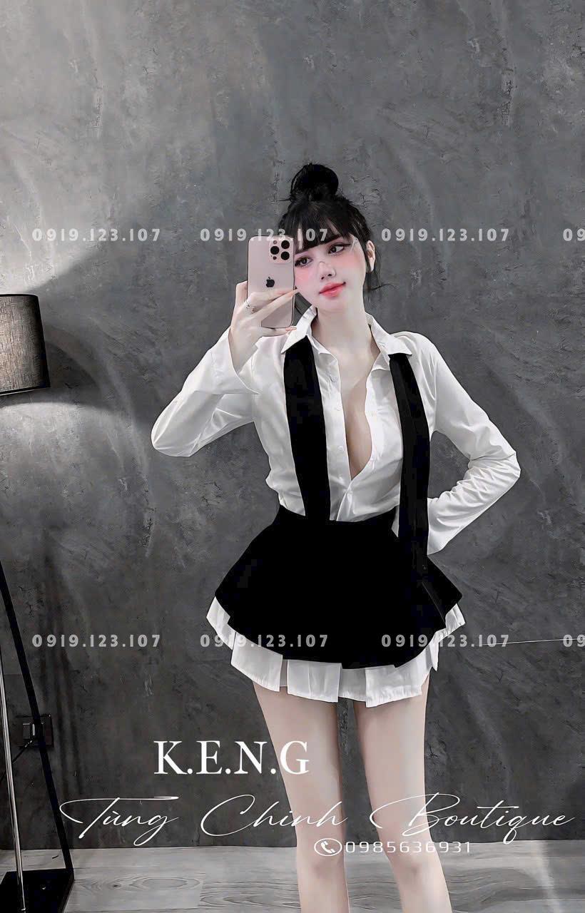 Set sơ mi  tay dài chân váy xếp ly nơ to chuẩn mẫu - SBT760