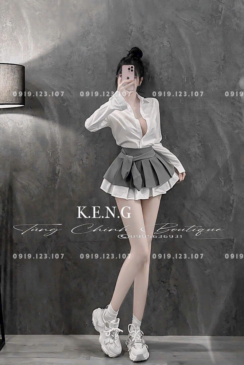 Set sơ mi  tay dài chân váy xếp ly nơ to chuẩn mẫu - SBT760