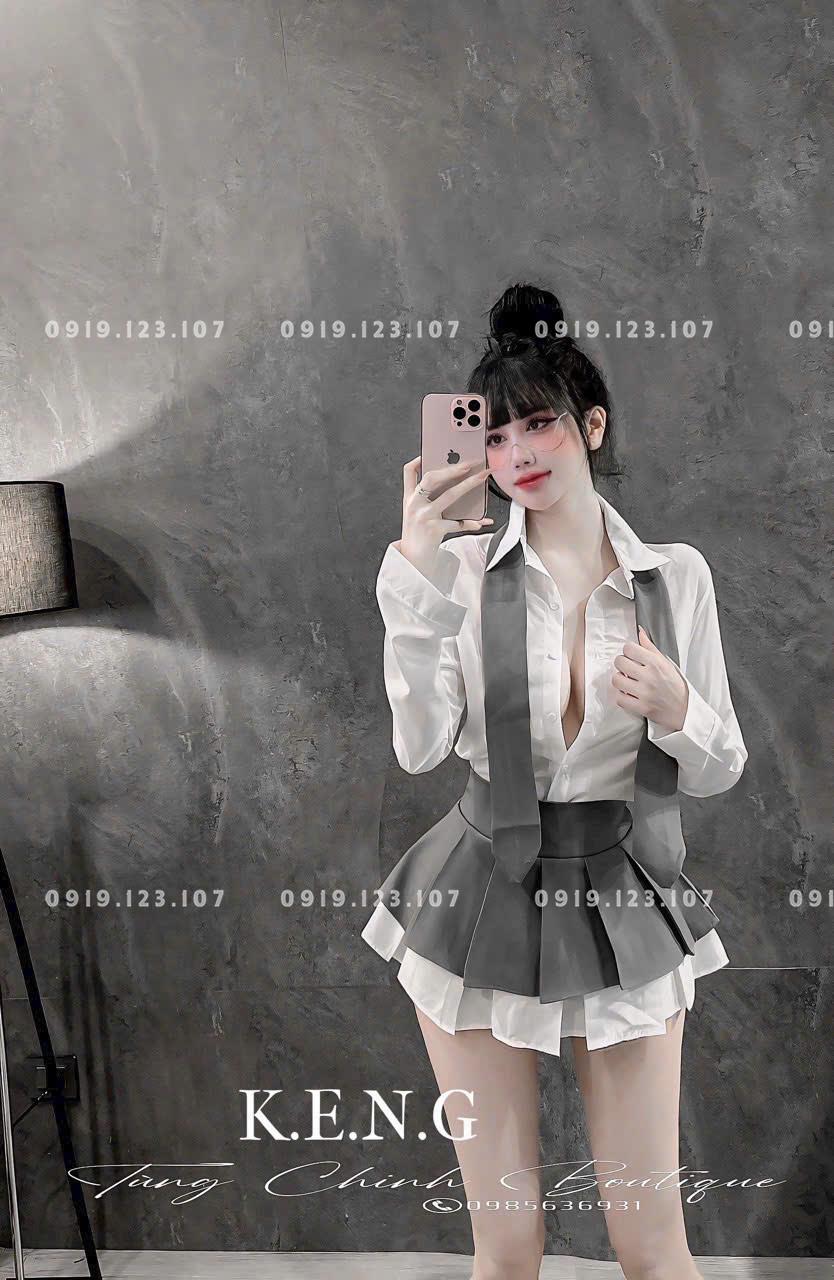 Set sơ mi  tay dài chân váy xếp ly nơ to chuẩn mẫu - SBT760