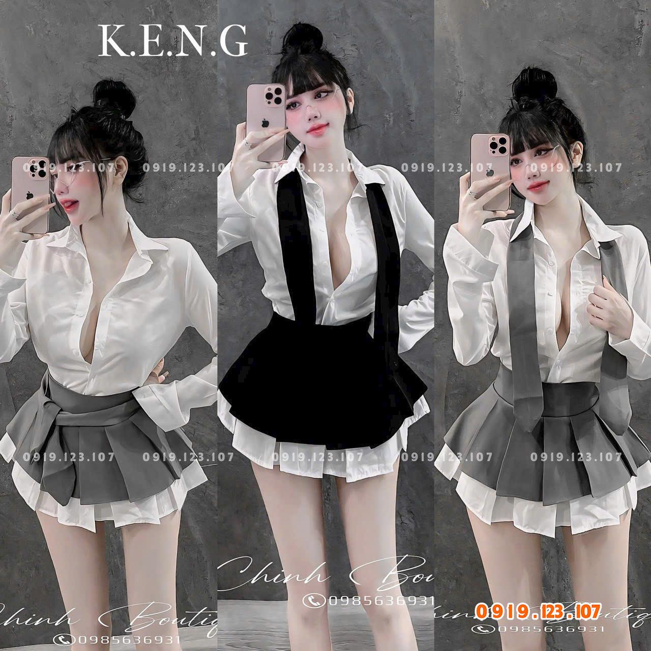 Set sơ mi  tay dài chân váy xếp ly nơ to chuẩn mẫu - SBT760