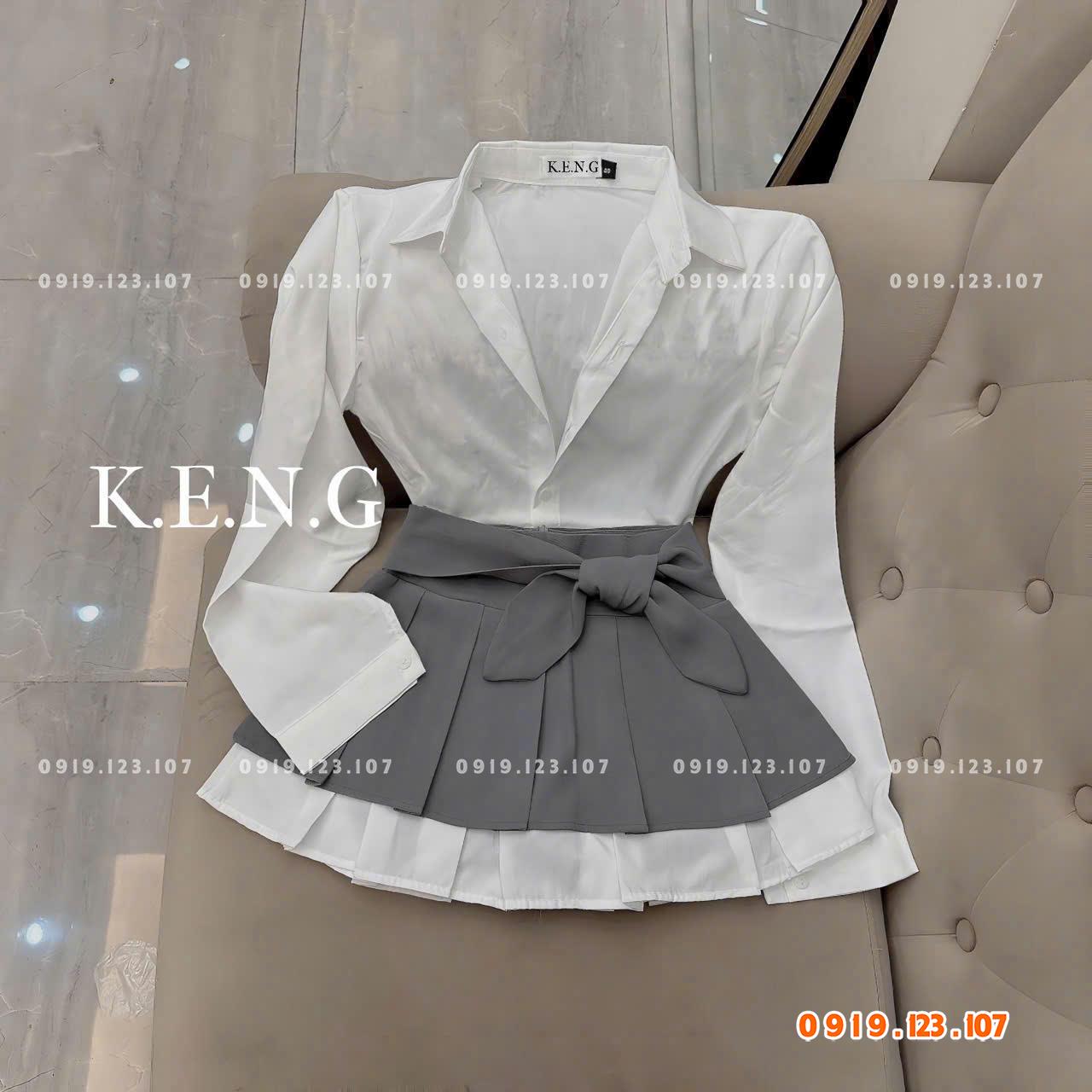 Set sơ mi  tay dài chân váy xếp ly nơ to chuẩn mẫu - SBT760