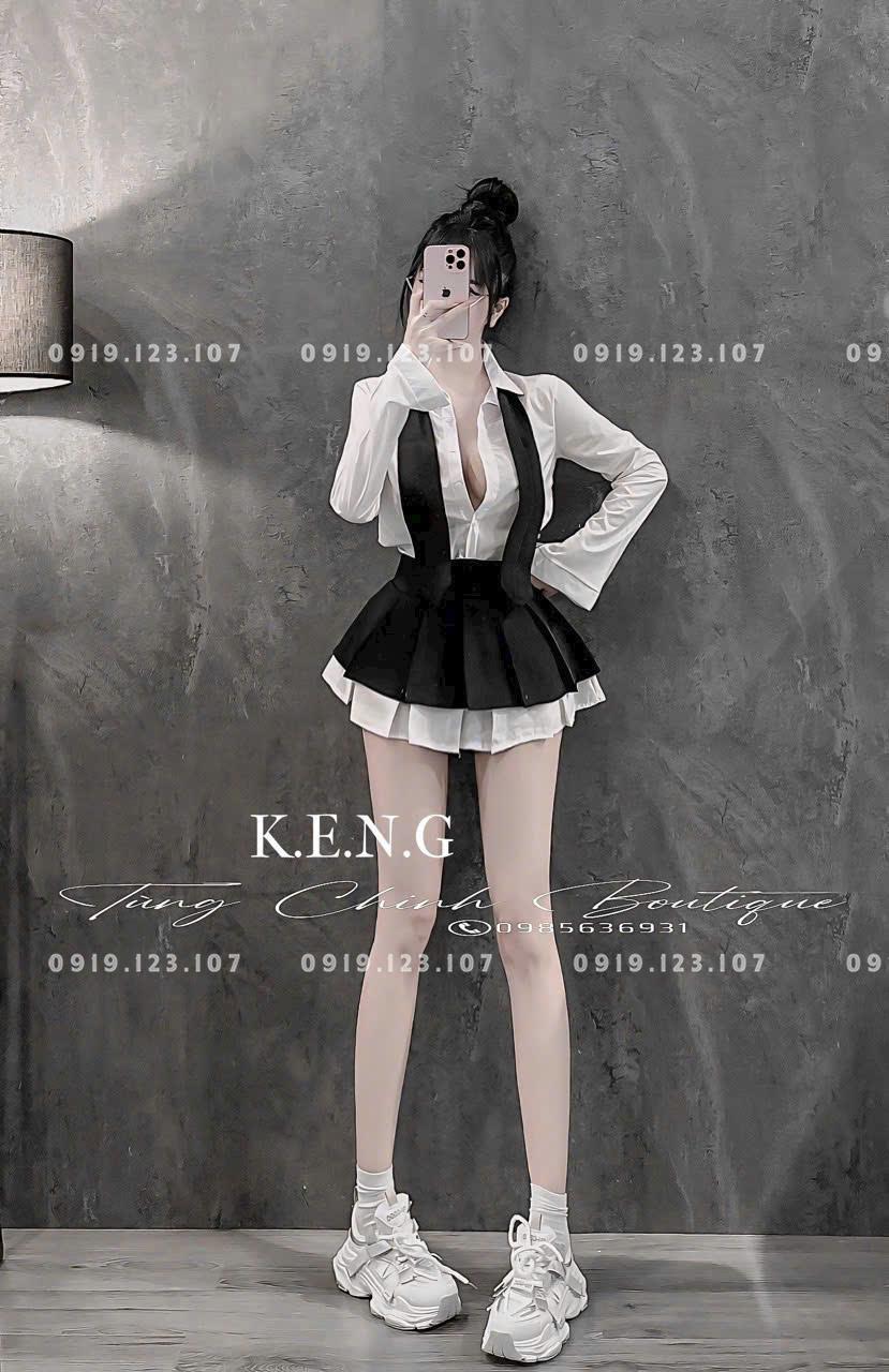 Set sơ mi  tay dài chân váy xếp ly nơ to chuẩn mẫu - SBT760