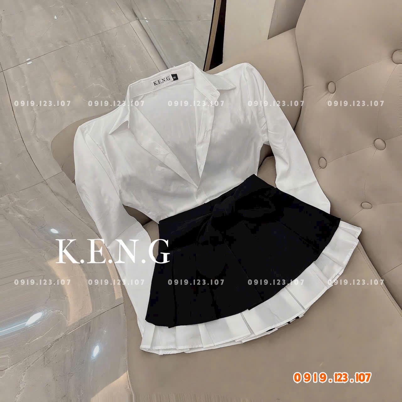 Set sơ mi  tay dài chân váy xếp ly nơ to chuẩn mẫu - SBT760