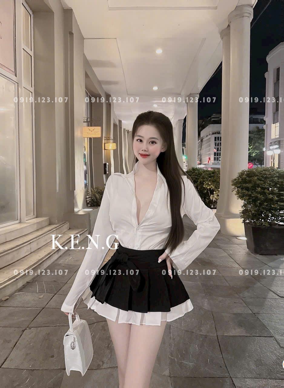 Set sơ mi  tay dài chân váy xếp ly nơ to chuẩn mẫu - SBT760