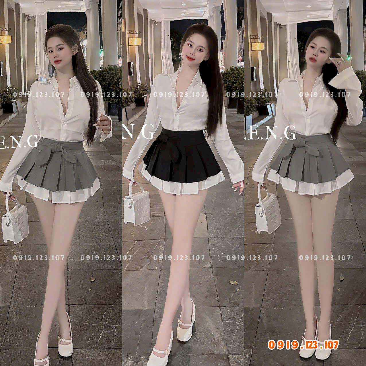 Set sơ mi  tay dài chân váy xếp ly nơ to chuẩn mẫu - SBT760