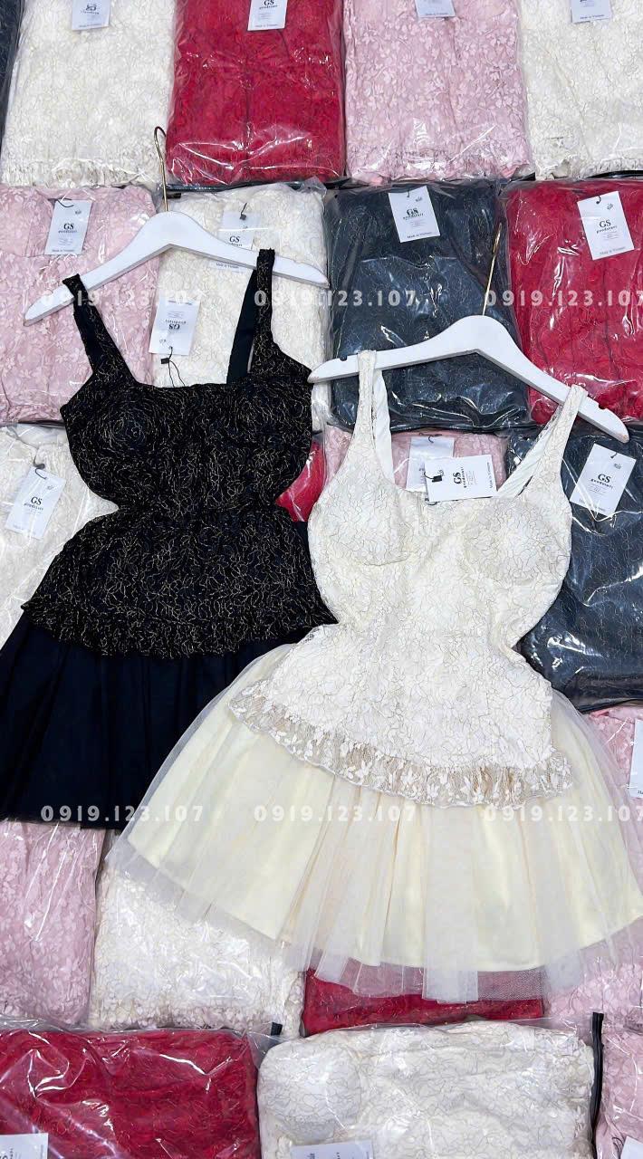 Set tk chất QC có mút ngực bo chun lưng + chân váy nhiều tầng có quần trong - SBT763