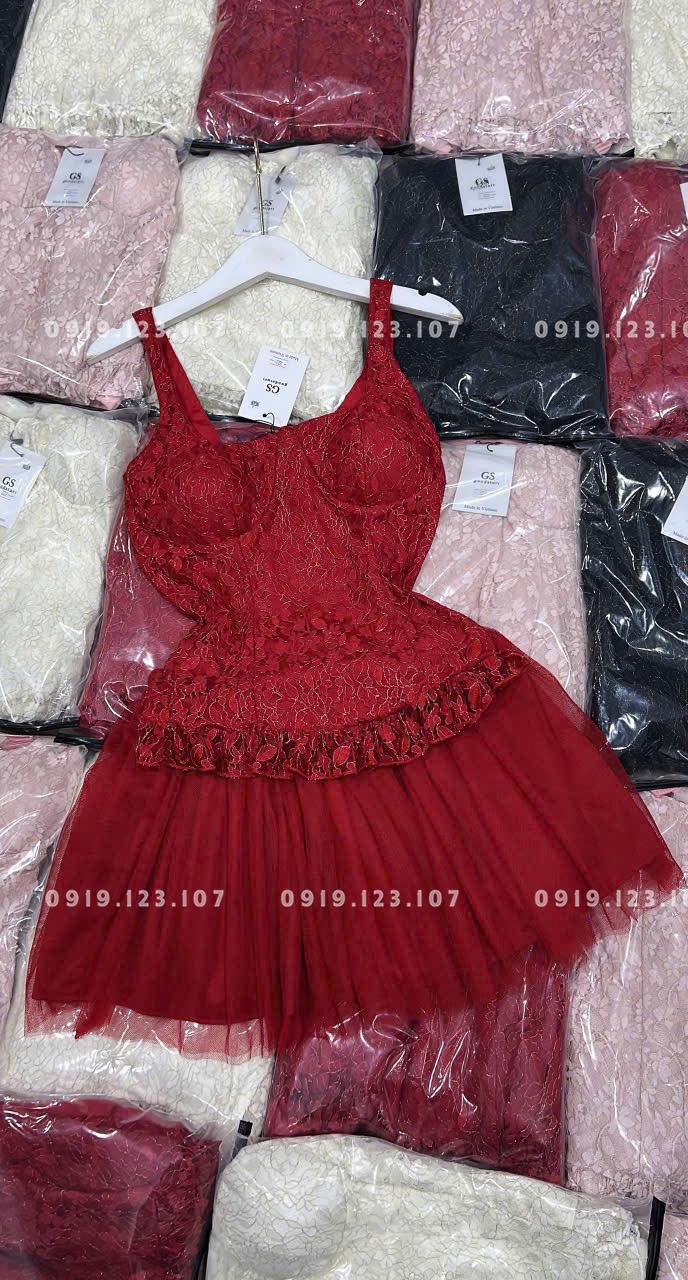 Set tk chất QC có mút ngực bo chun lưng + chân váy nhiều tầng có quần trong - SBT763