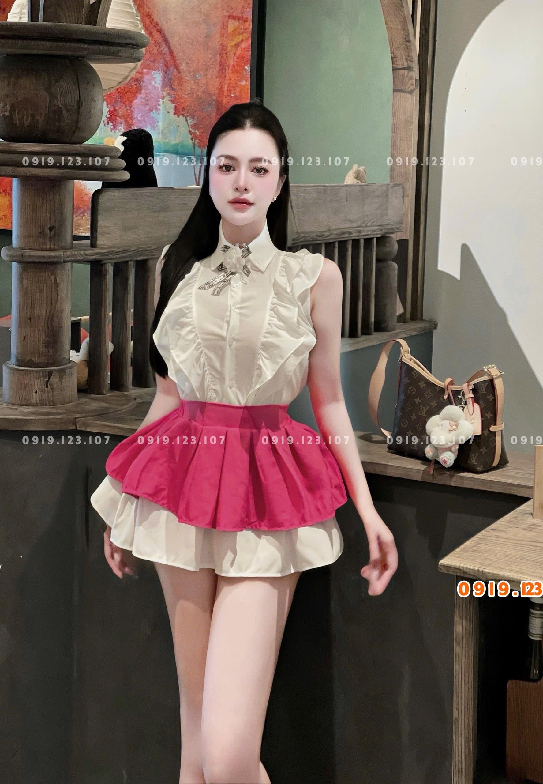 Sỉ set áo sơ mi bèo hoa trà váy tầng kèm hoa trà gài gim xịn hot - TH739