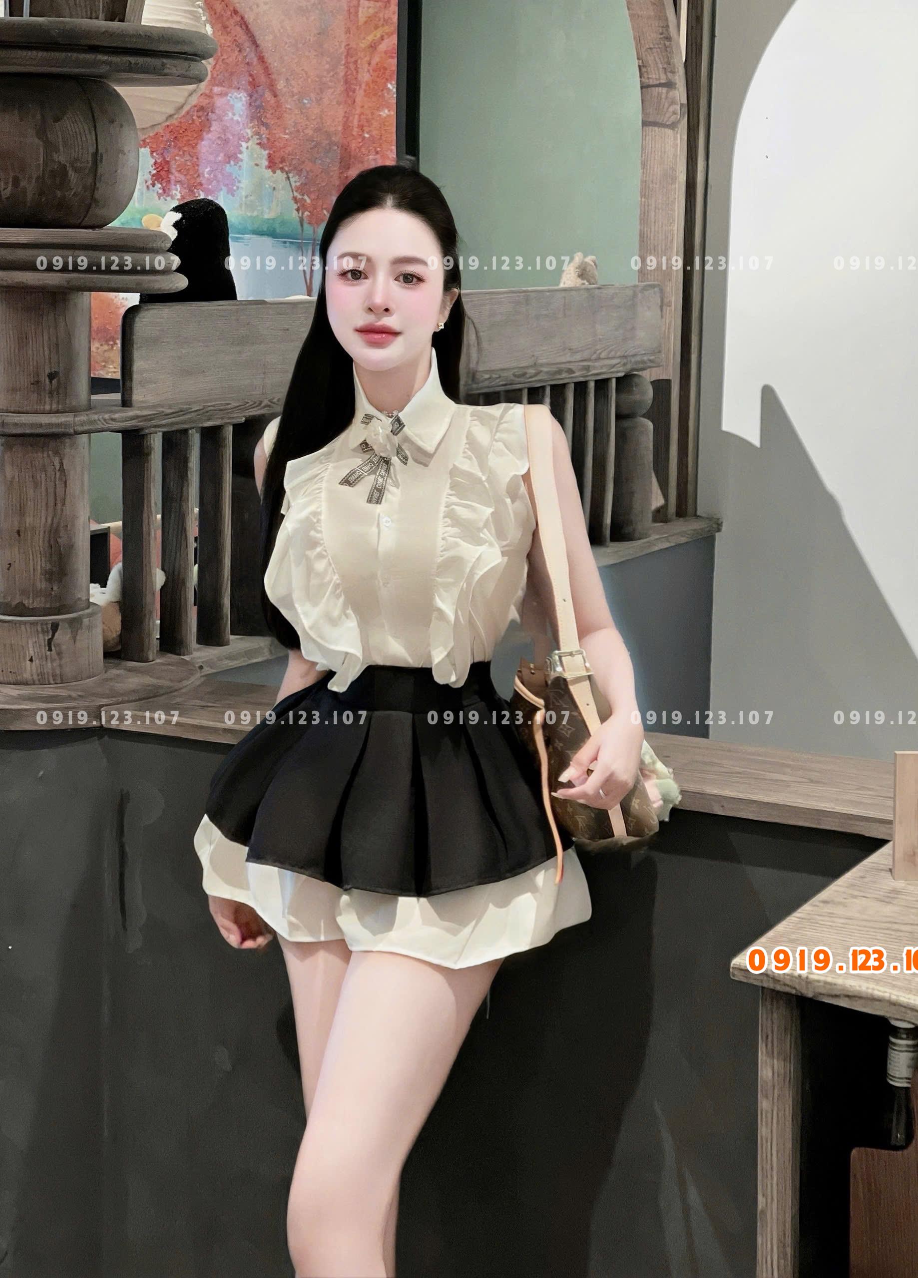 Sỉ set áo sơ mi bèo hoa trà váy tầng kèm hoa trà gài gim xịn hot - TH739