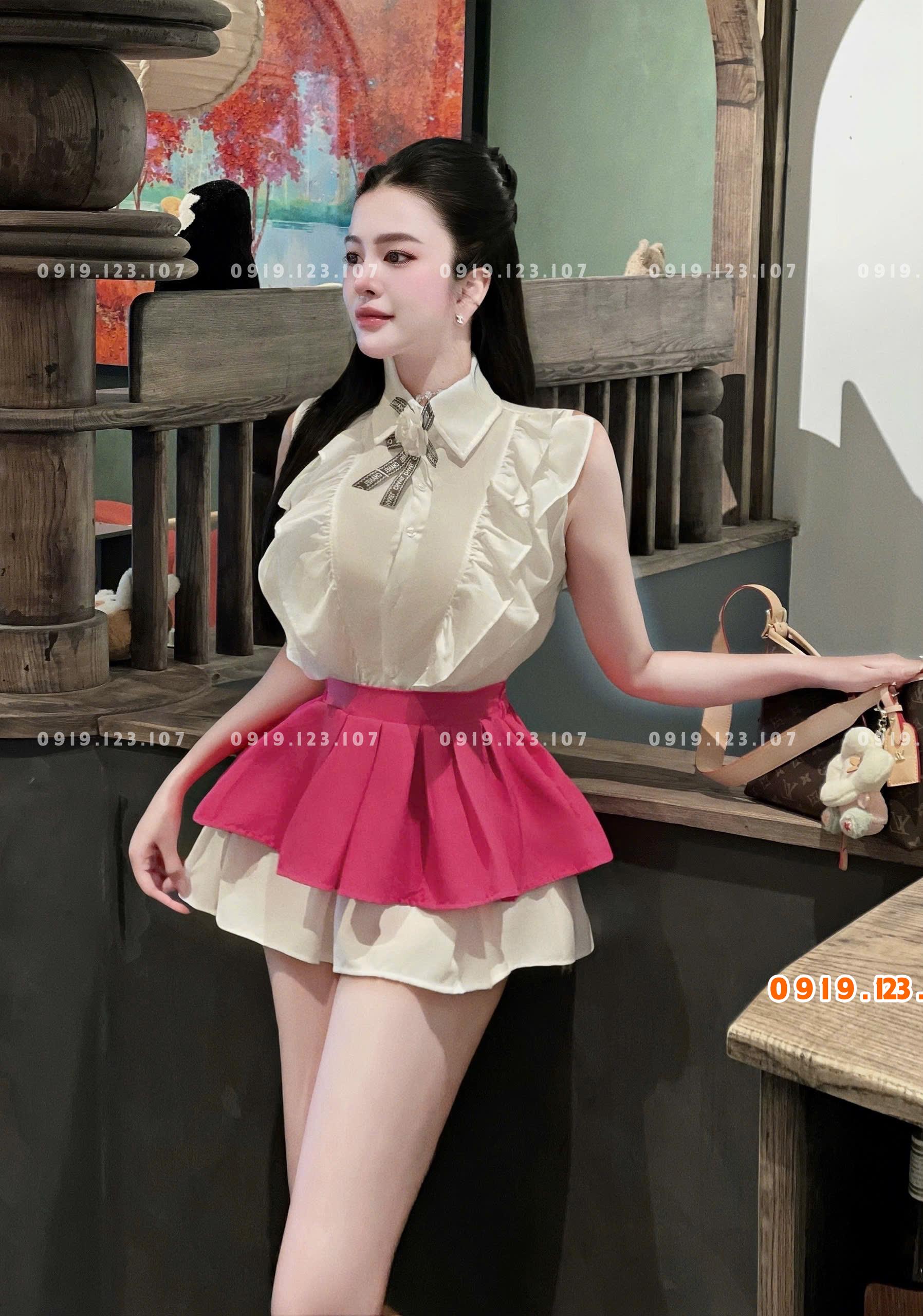 Sỉ set áo sơ mi bèo hoa trà váy tầng kèm hoa trà gài gim xịn hot - TH739