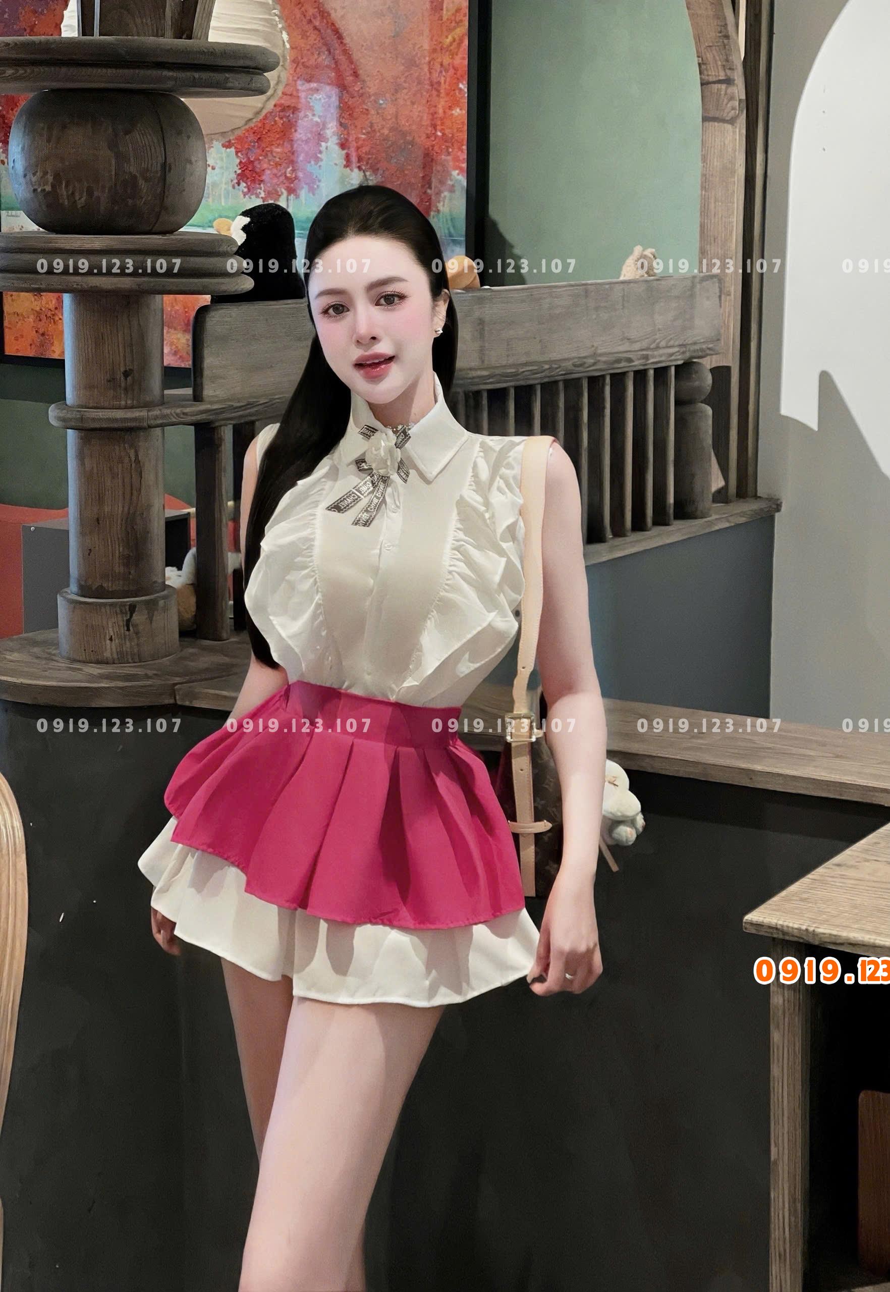 Sỉ set áo sơ mi bèo hoa trà váy tầng kèm hoa trà gài gim xịn hot - TH739