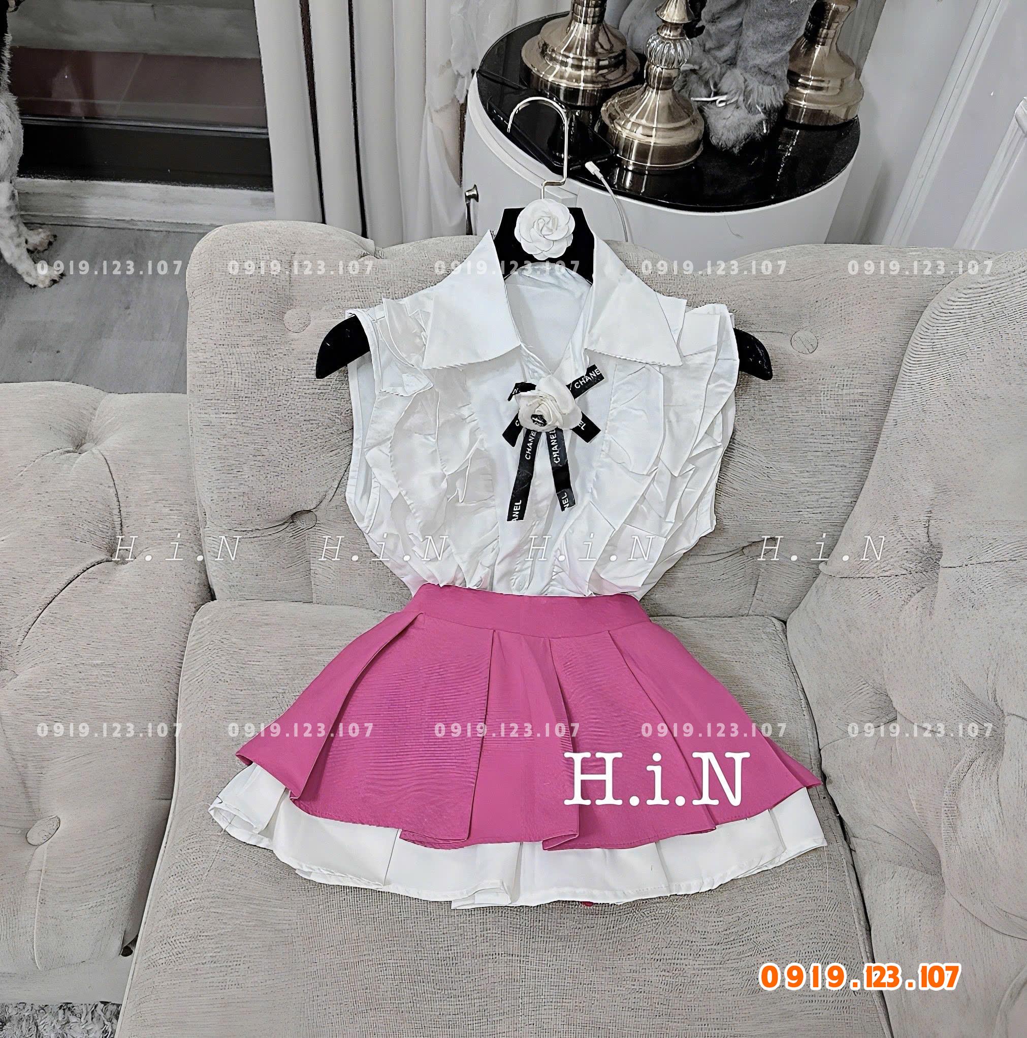 Sỉ set áo sơ mi bèo hoa trà váy tầng kèm hoa trà gài gim xịn hot - TH739