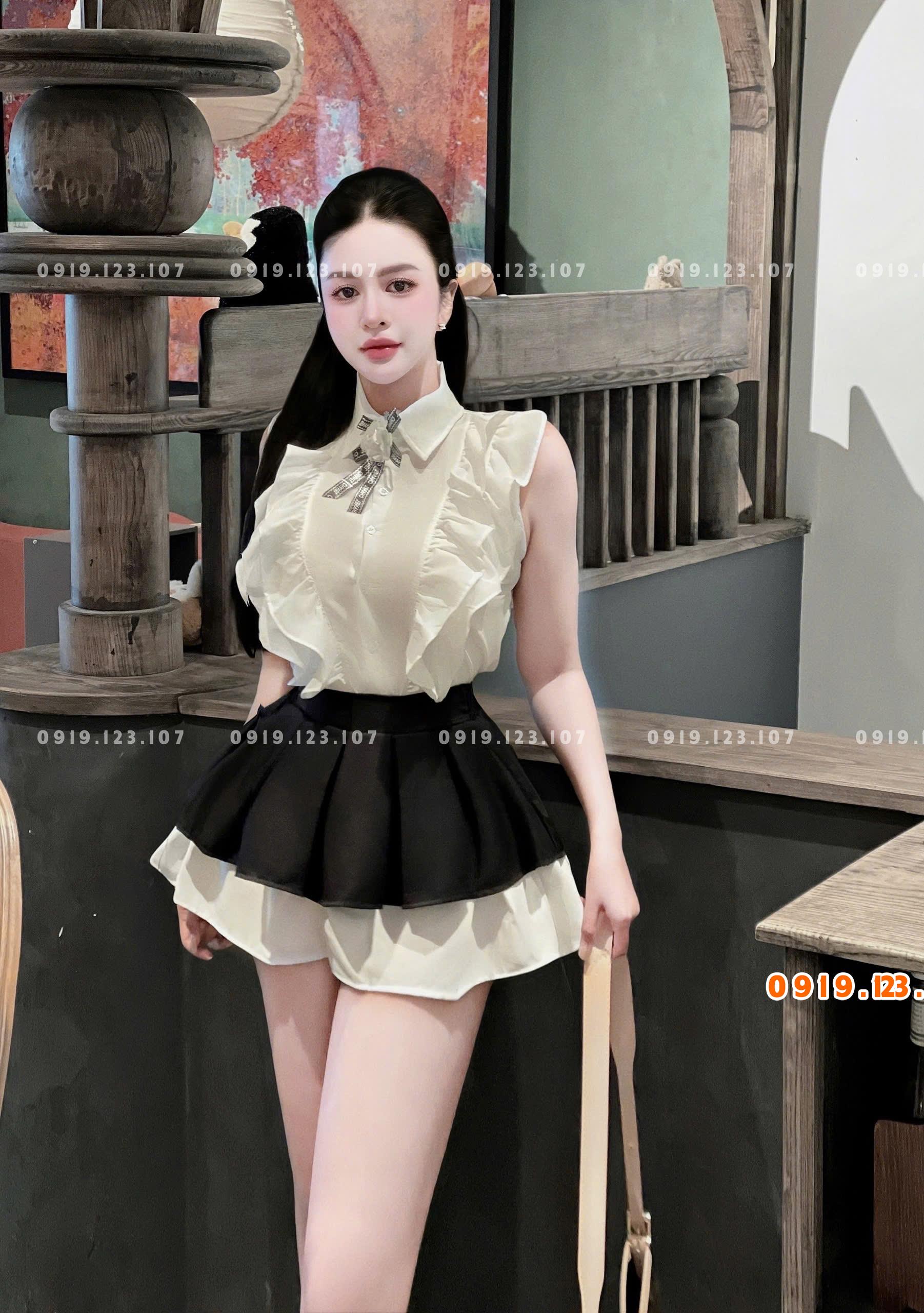 Sỉ set áo sơ mi bèo hoa trà váy tầng kèm hoa trà gài gim xịn hot - TH739