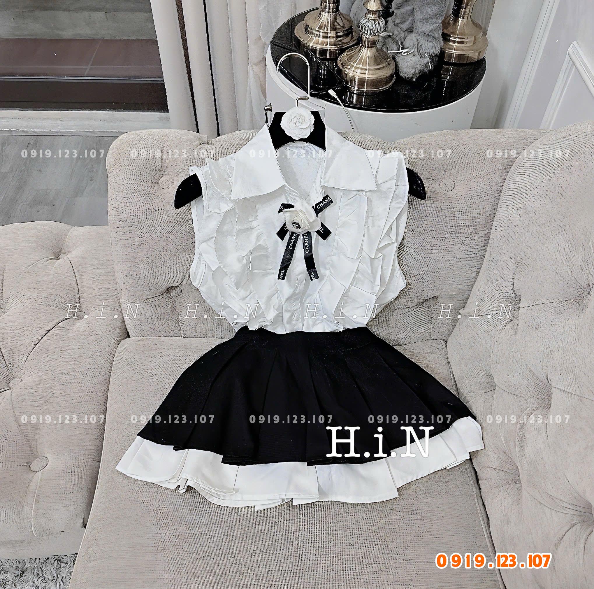 Sỉ set áo sơ mi bèo hoa trà váy tầng kèm hoa trà gài gim xịn hot - TH739