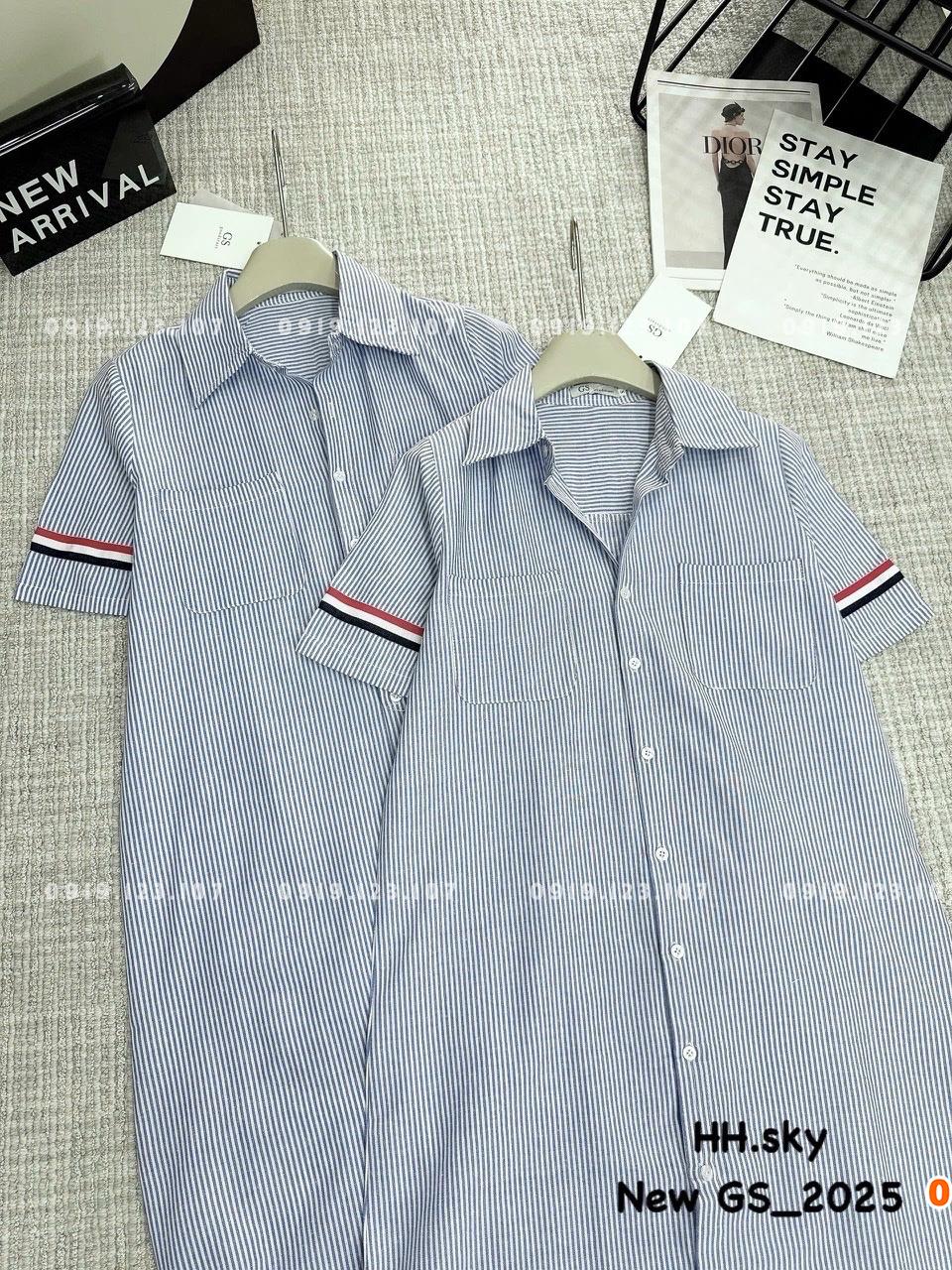 Váy sơ mi suông kẻ tay ngắn viền thom - hàng Quảng Châu cao cấp - SBT758