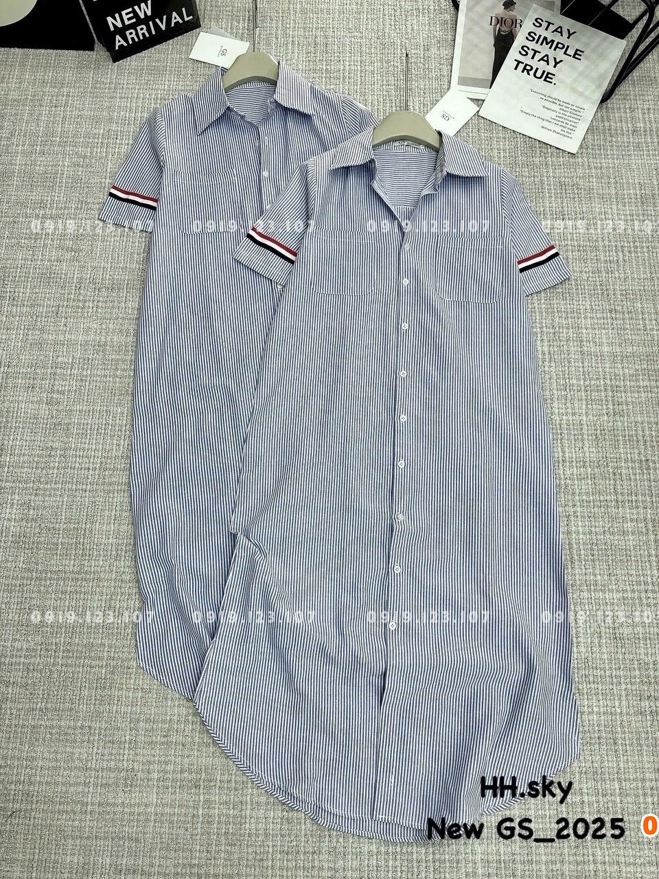 Váy sơ mi suông kẻ tay ngắn viền thom - hàng Quảng Châu cao cấp - SBT758