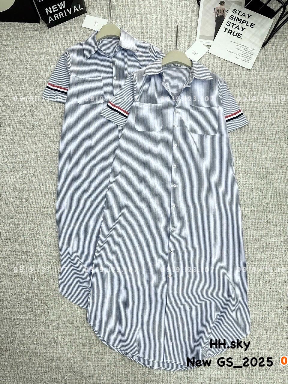 Váy sơ mi suông kẻ tay ngắn viền thom - hàng Quảng Châu cao cấp - SBT758