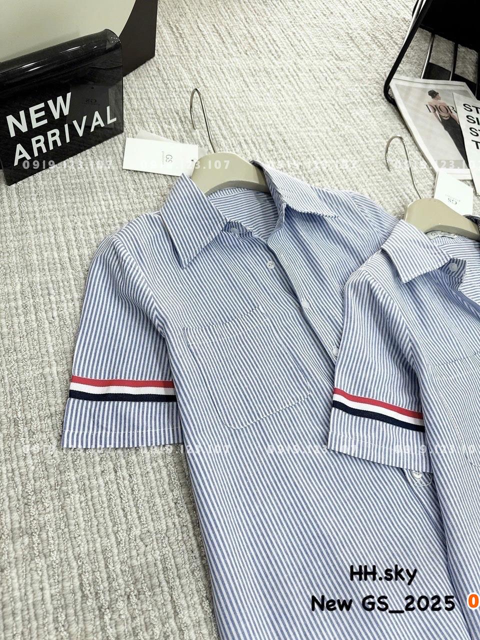 Váy sơ mi suông kẻ tay ngắn viền thom - hàng Quảng Châu cao cấp - SBT758